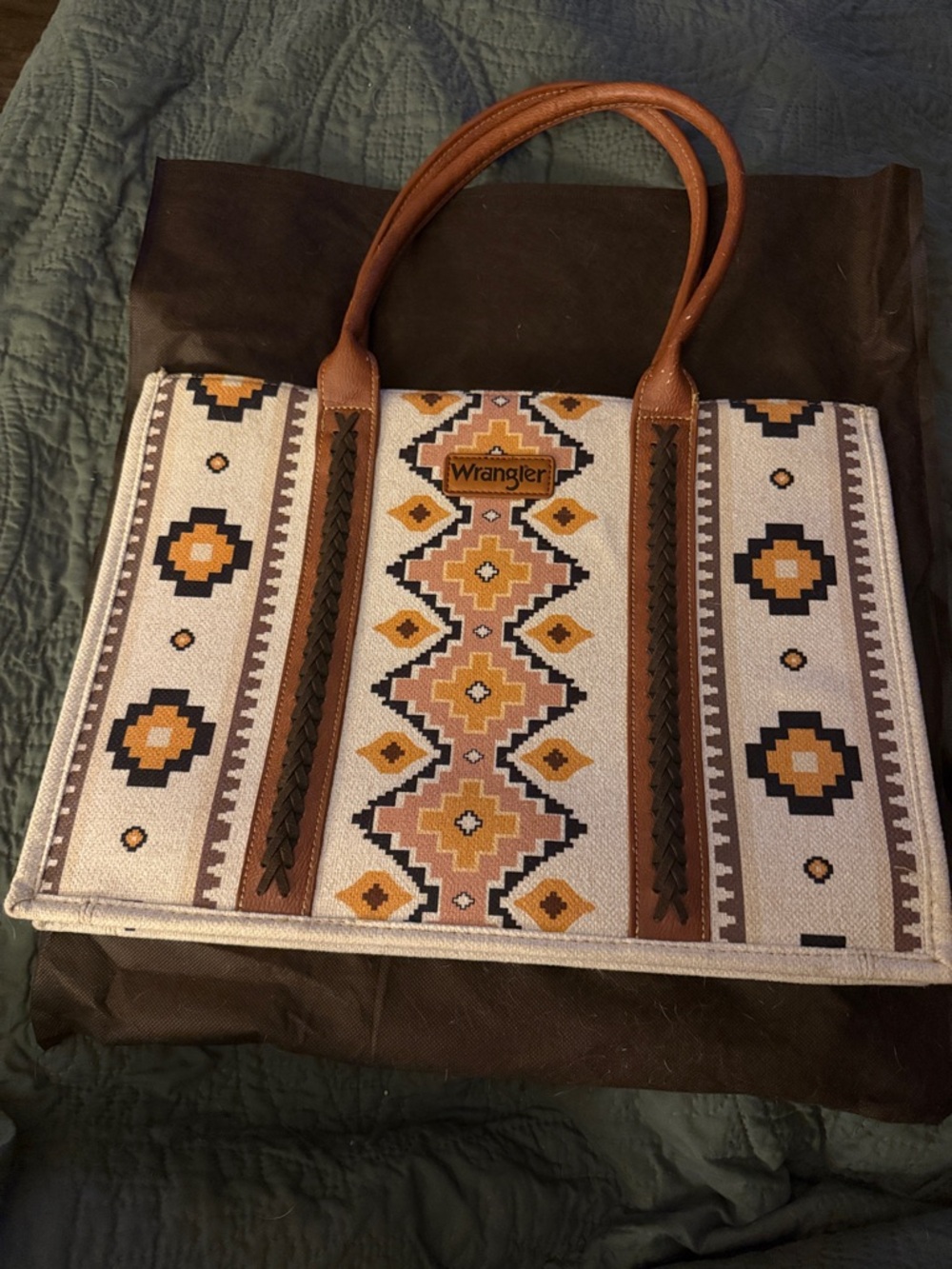 Wrangler Aztec-Pattern Canvas Tote in Tan, Cream, Black